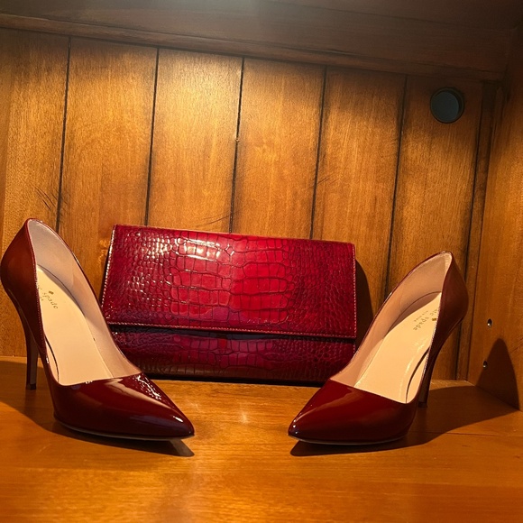 Kate Spade Licorice Red Chestnut patent heels /  Red Saks Fifth Avenue Handbag. - Picture 1 of 11